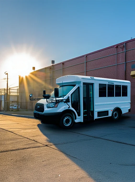 White shuttle bus parked next to a prison near NYC